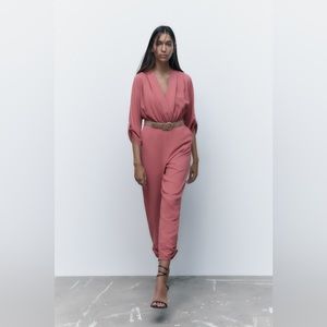 ZARA Blush Belted V-neck Jumpsuit